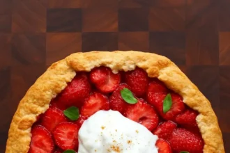 Vegan strawberry galette with fresh strawberries on a rustic pie crust