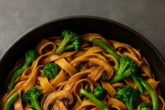 A vibrant plate of Vegan Thai Skillet Noodles with fresh vegetables and herbs.
