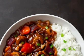 Delicious dish of veggies coated in spicy hot garlic sauce