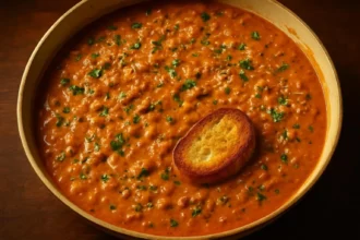 Delicious dish of white beans in rosé sauce served in a bowl