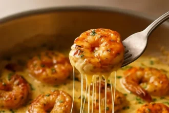 Delicious creamy garlic shrimp served in a bowl with herbs