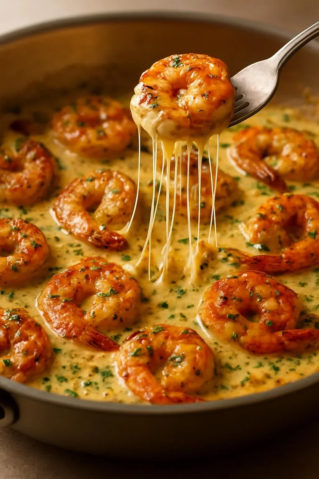 Delicious creamy garlic shrimp served in a bowl with herbs