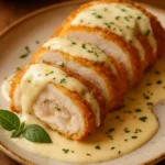 Air Fryer Chicken Cordon Bleu topped with Swiss cheese sauce on a plate.