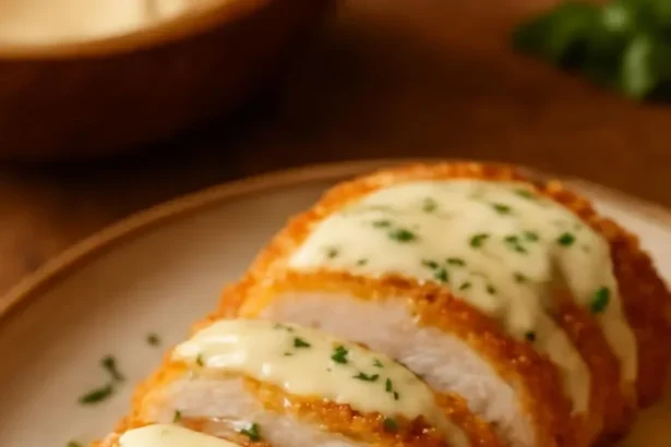 Air Fryer Chicken Cordon Bleu topped with Swiss cheese sauce on a plate.