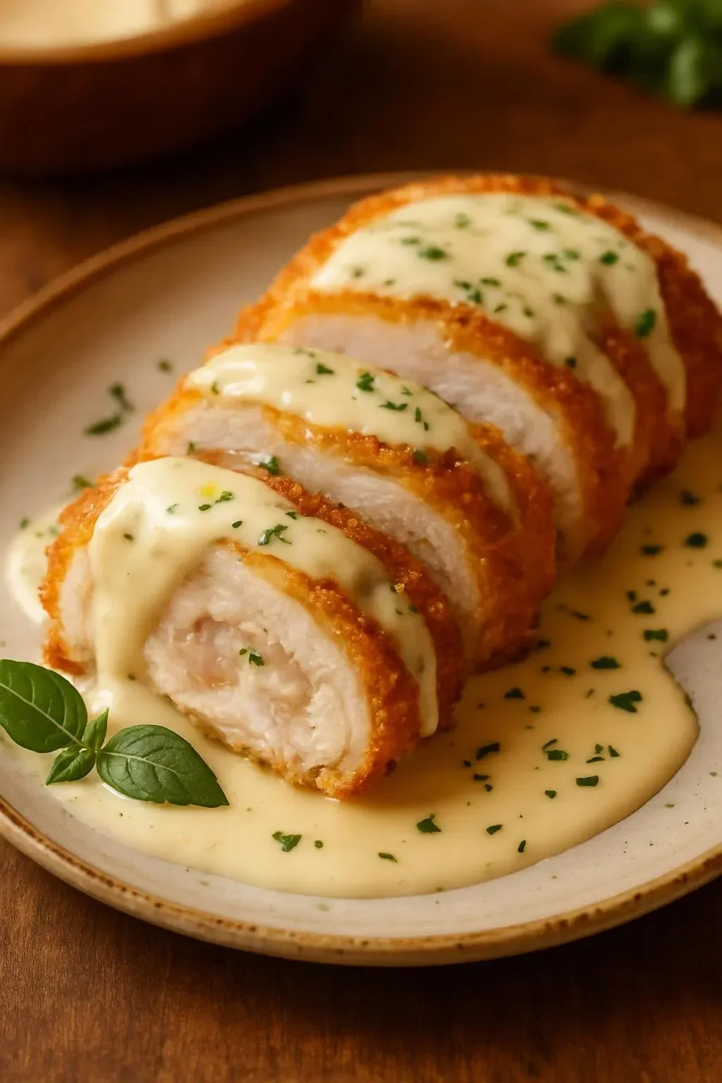 Air Fryer Chicken Cordon Bleu topped with Swiss cheese sauce on a plate.