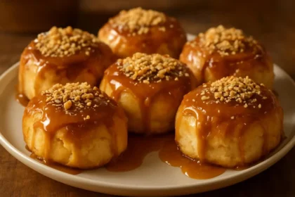 Delicious Apple Caramel Bombs drizzled with caramel sauce