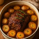Delicious apple cider pot roast garnished with herbs on a rustic table setting
