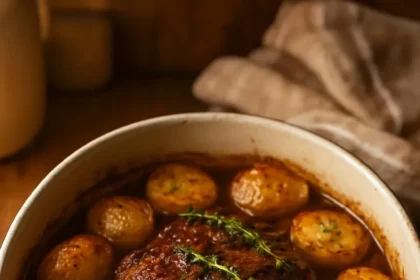 Delicious apple cider pot roast garnished with herbs on a rustic table setting