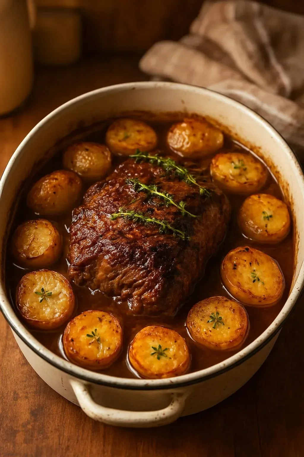Delicious apple cider pot roast garnished with herbs on a rustic table setting