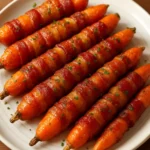 Bacon-wrapped carrots drizzled with maple glaze, a flavorful appetizer.