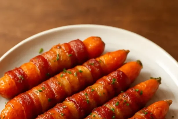 Bacon-wrapped carrots drizzled with maple glaze, a flavorful appetizer.