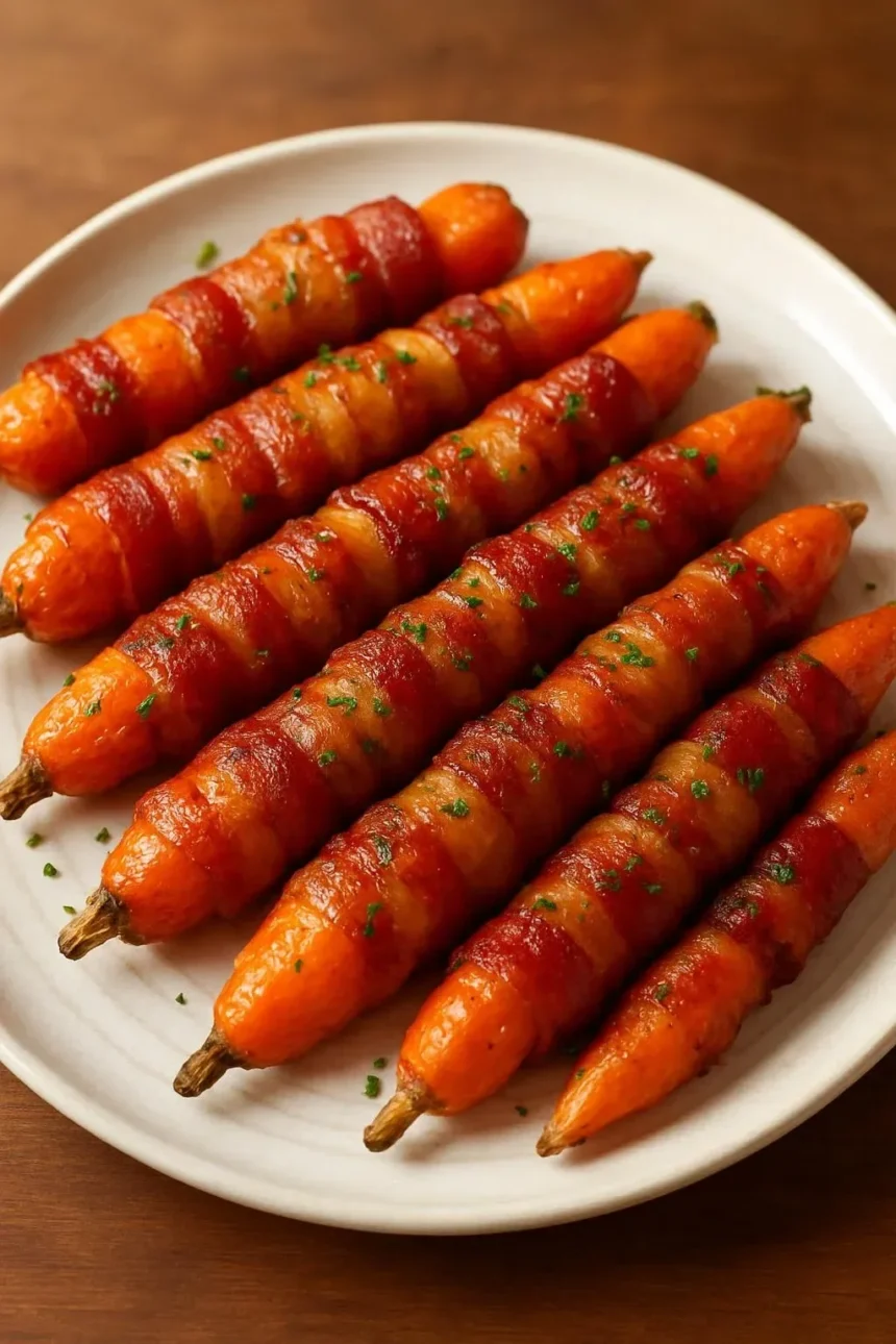 Bacon-wrapped carrots drizzled with maple glaze, a flavorful appetizer.