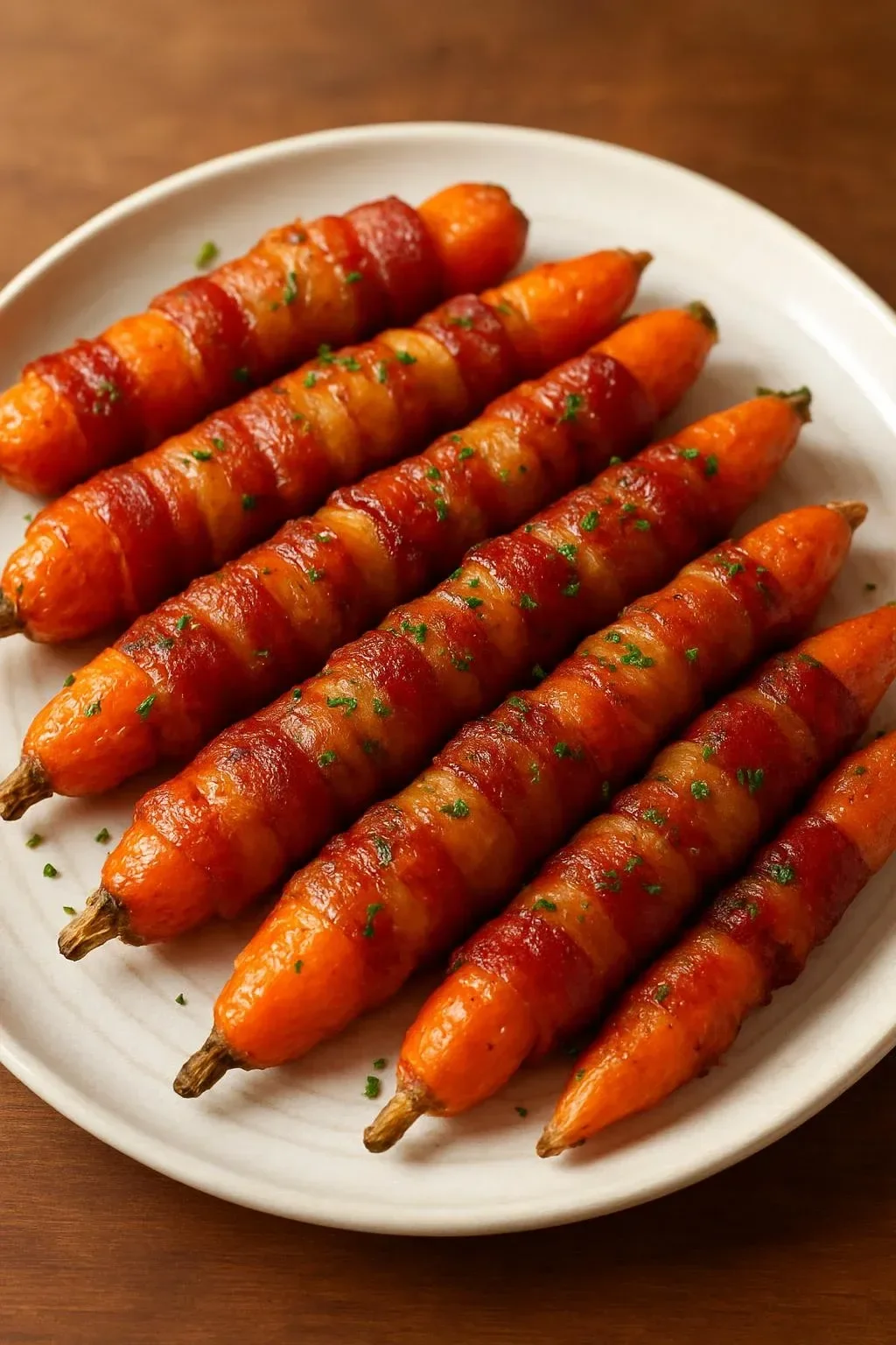 Bacon-wrapped carrots drizzled with maple glaze, a flavorful appetizer.