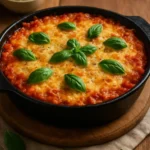 A delicious Baked Eggplant Parmesan Casserole topped with melted cheese and herbs.