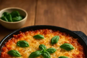 A delicious Baked Eggplant Parmesan Casserole topped with melted cheese and herbs.