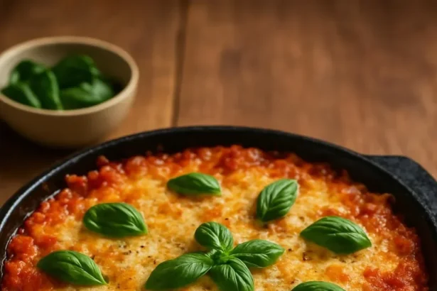 A delicious Baked Eggplant Parmesan Casserole topped with melted cheese and herbs.