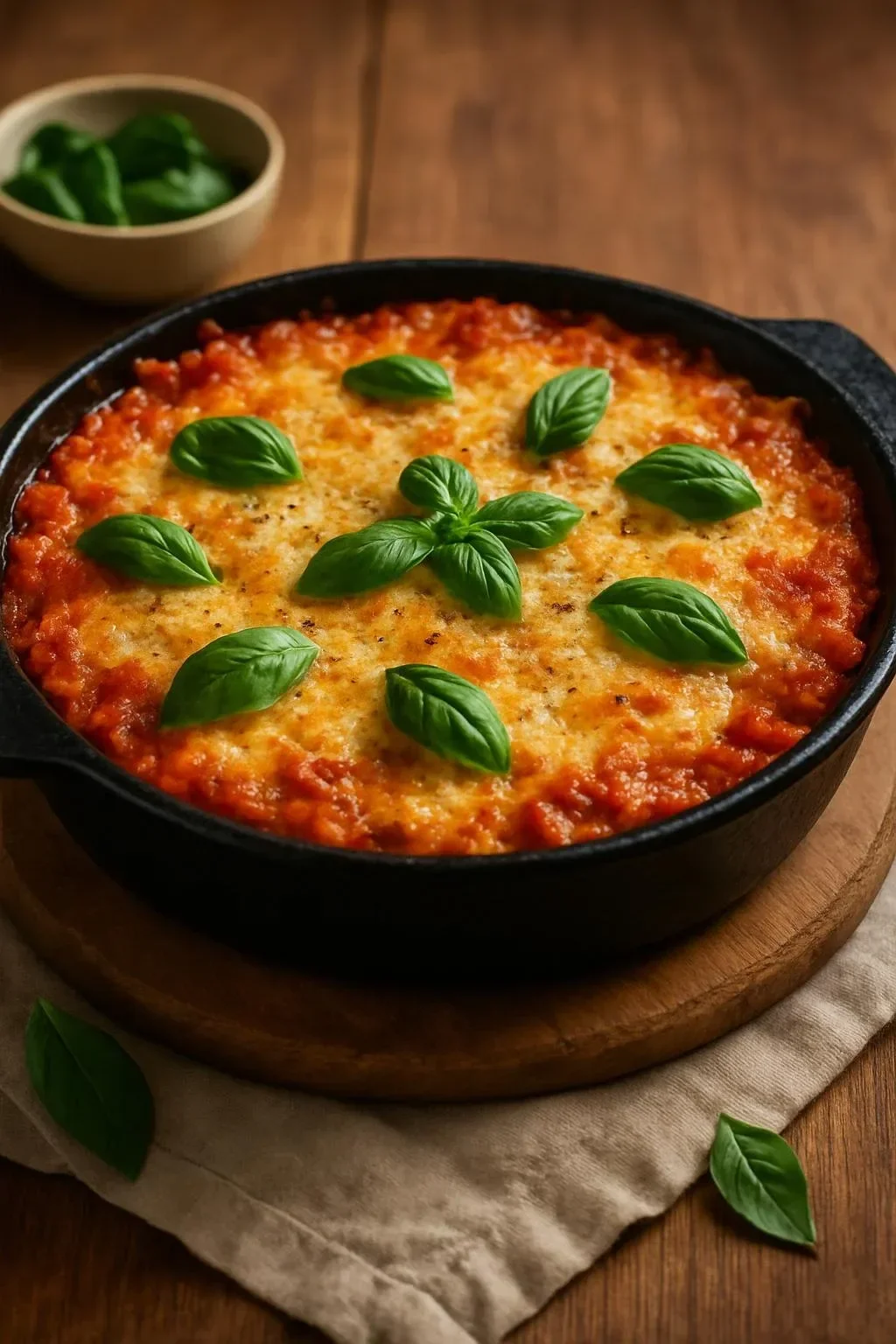 A delicious Baked Eggplant Parmesan Casserole topped with melted cheese and herbs.