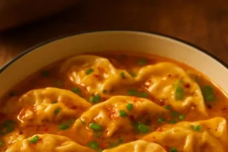 Delicious baked potstickers with Thai curry sauce served on a plate.