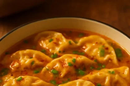 Delicious baked potstickers with Thai curry sauce served on a plate.