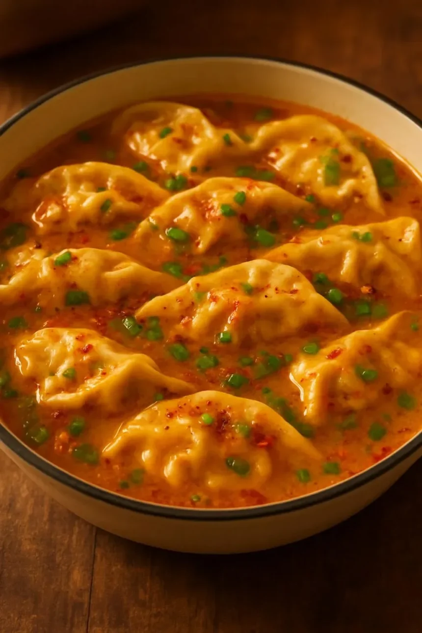 Delicious baked potstickers with Thai curry sauce served on a plate.
