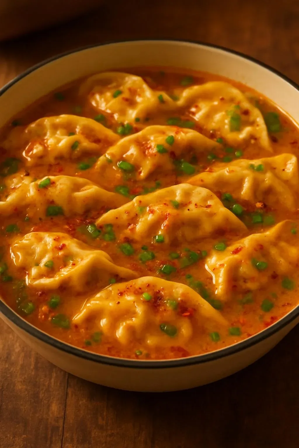 Delicious baked potstickers with Thai curry sauce served on a plate.