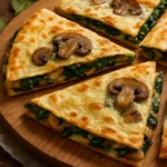 Baked spinach mushroom quesadillas on a plate, garnished with herbs