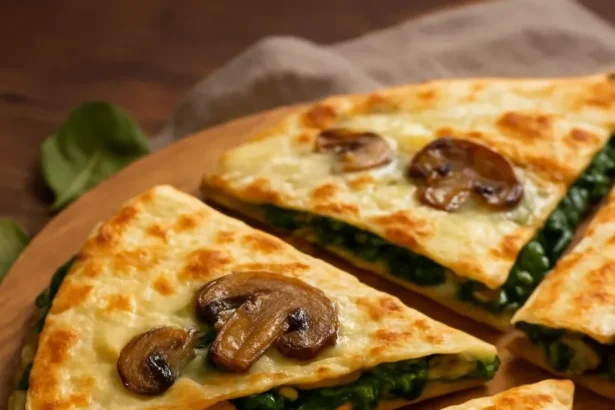 Baked spinach mushroom quesadillas on a plate, garnished with herbs