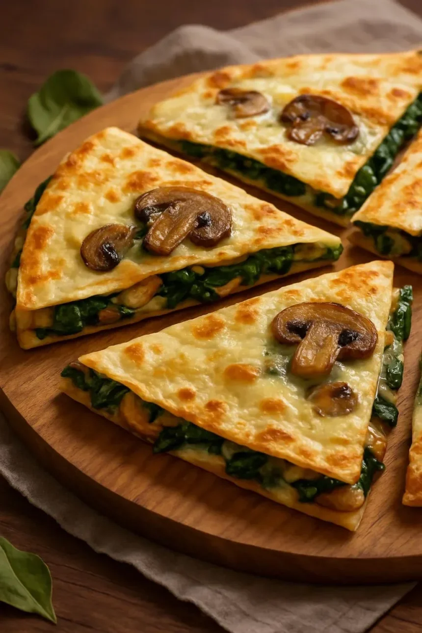 Baked spinach mushroom quesadillas on a plate, garnished with herbs