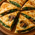 Baked spinach mushroom quesadillas served with a side of salsa.