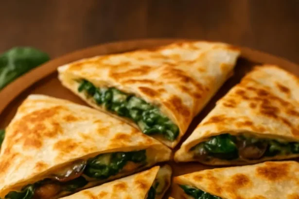 Baked spinach mushroom quesadillas served with a side of salsa.