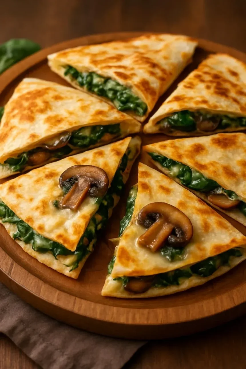 Baked spinach mushroom quesadillas served with a side of salsa.