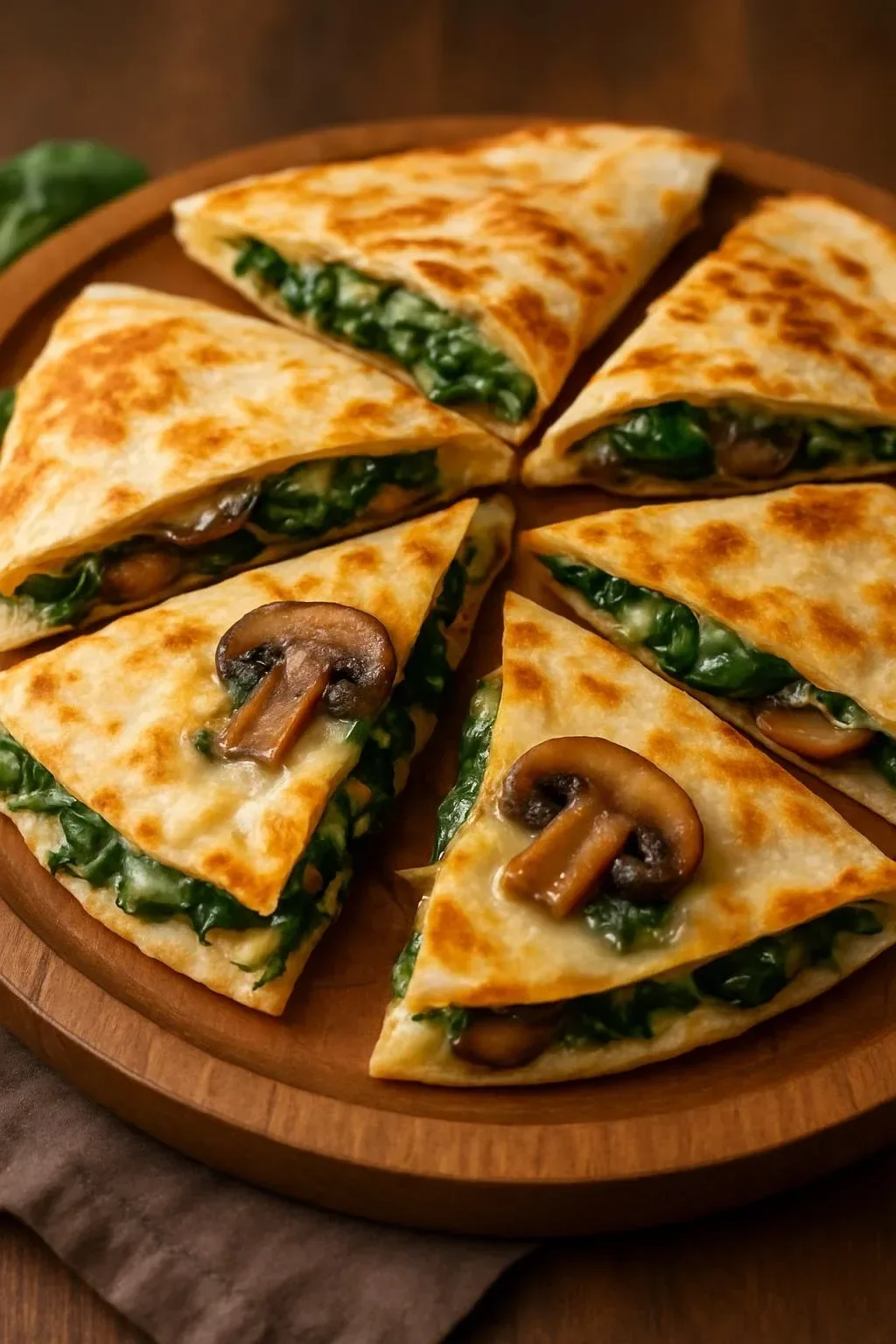 Baked spinach mushroom quesadillas served with a side of salsa.