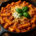 Baked ziti with sausage, pancetta, and burrata served on a plate.