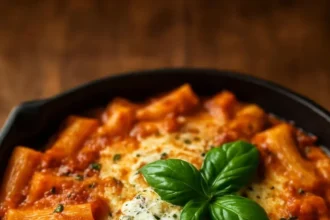 Baked ziti with sausage, pancetta, and burrata served on a plate.