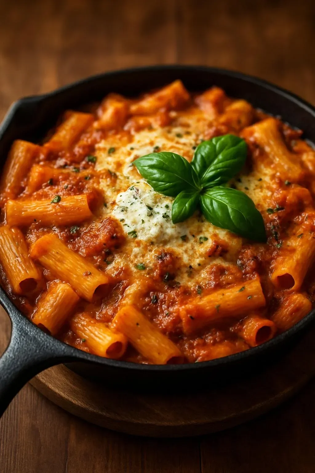 Baked ziti with sausage, pancetta, and burrata served on a plate.