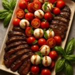 Balsamic grilled flank steak caprese with fresh basil and mozzarella