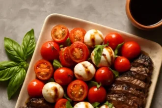 Balsamic grilled flank steak caprese with fresh basil and mozzarella