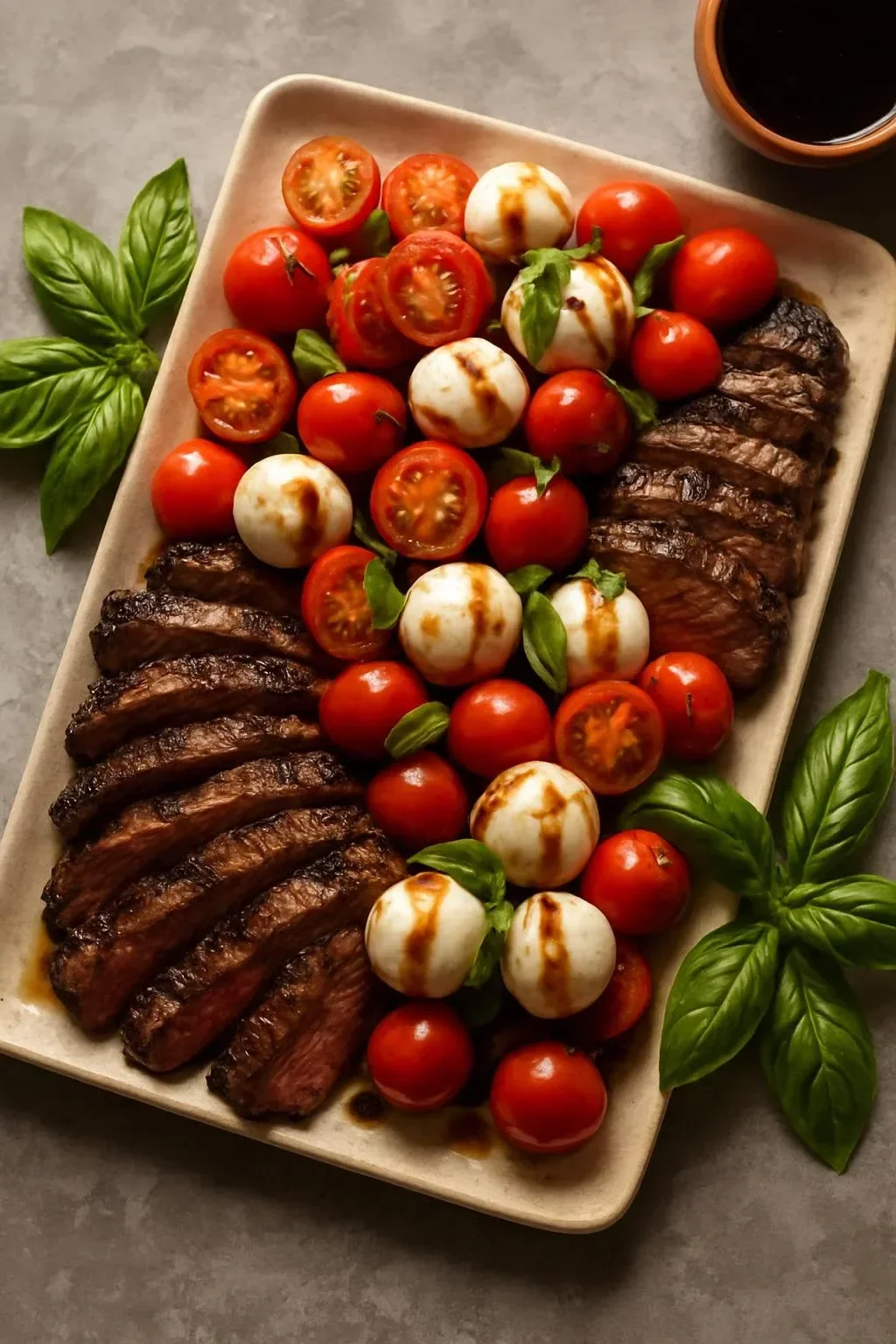 Balsamic grilled flank steak caprese with fresh basil and mozzarella