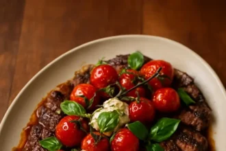 Balsamic Grilled Flank Steak Caprese garnished with fresh basil and tomatoes