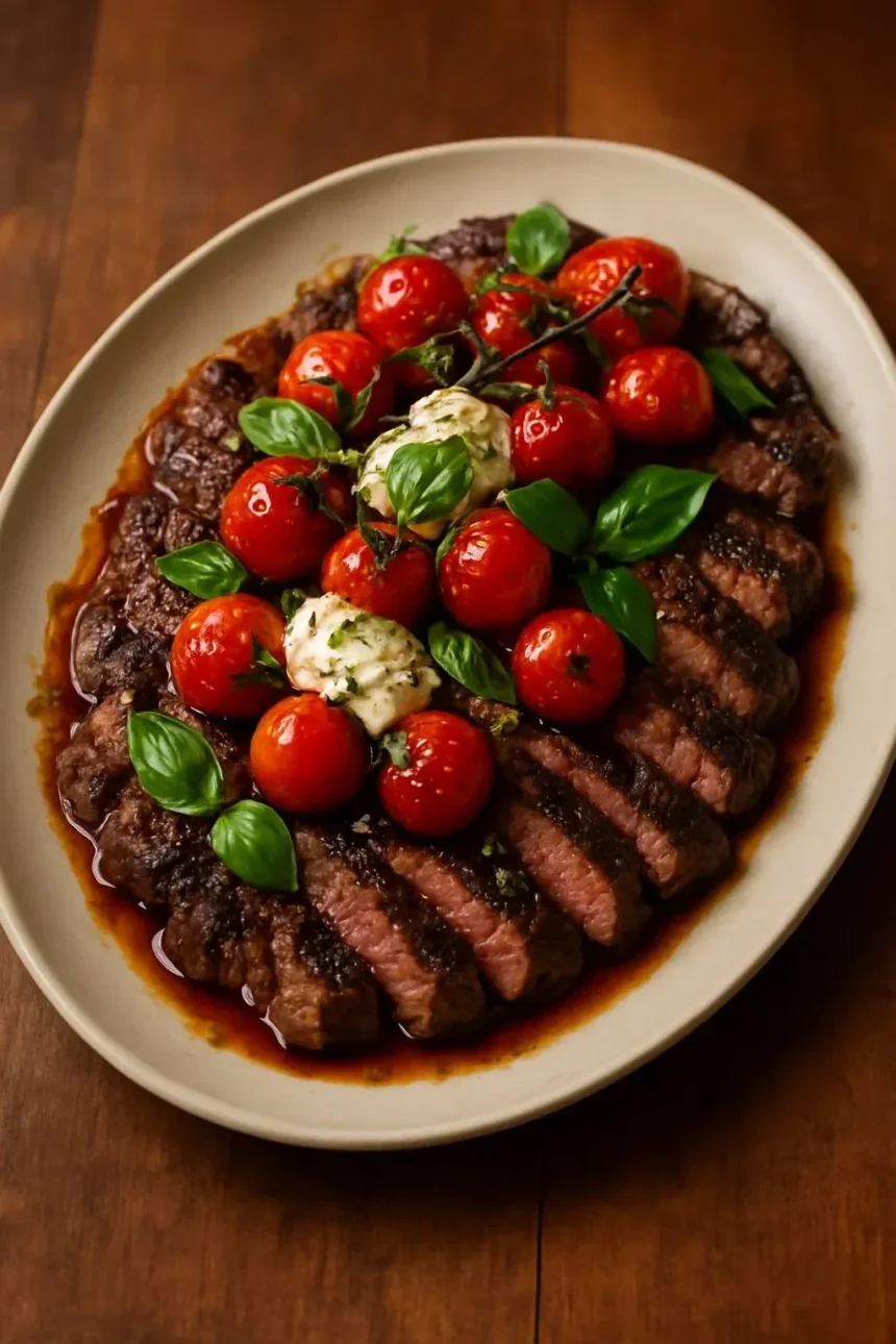 Balsamic Grilled Flank Steak Caprese garnished with fresh basil and tomatoes