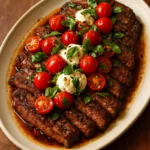 Balsamic grilled flank steak served with mozzarella and basil in a Caprese style.