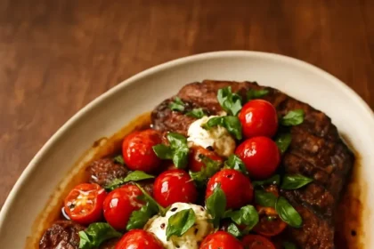 Balsamic grilled flank steak served with mozzarella and basil in a Caprese style.