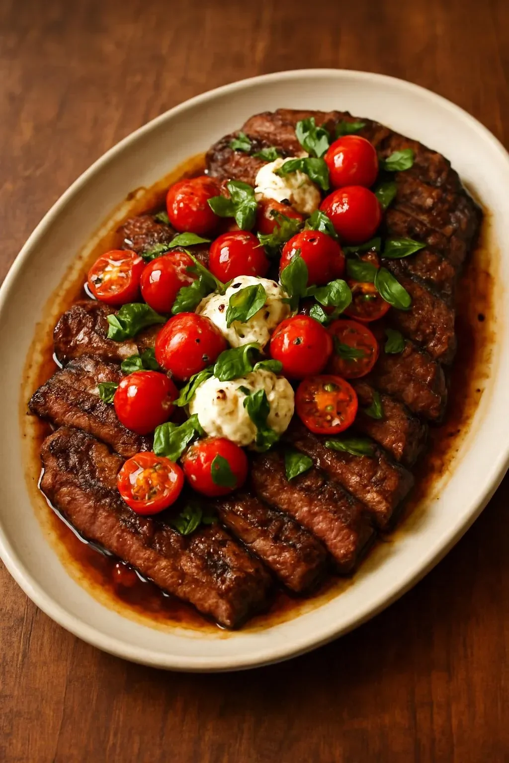 Balsamic grilled flank steak served with mozzarella and basil in a Caprese style.