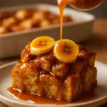 Delicious Bananas Foster Bread Pudding topped with caramelized bananas and sauce