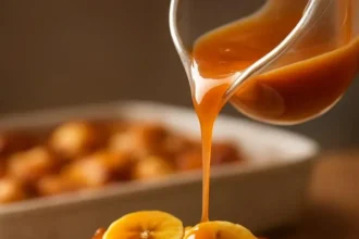 Delicious Bananas Foster Bread Pudding topped with caramelized bananas and sauce
