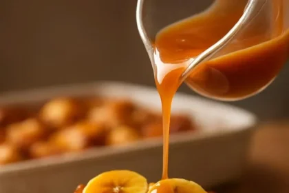 Delicious Bananas Foster Bread Pudding topped with caramelized bananas and sauce