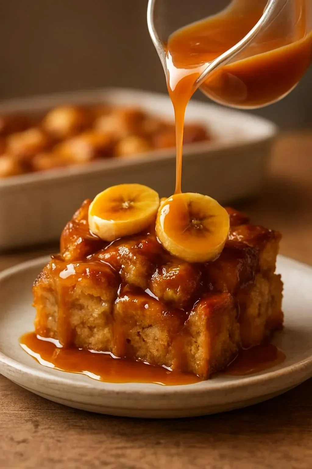 Delicious Bananas Foster Bread Pudding topped with caramelized bananas and sauce