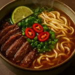 Bowl of beef and lemongrass noodle soup with mushrooms and fresh herbs