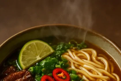 Bowl of beef and lemongrass noodle soup with mushrooms and fresh herbs