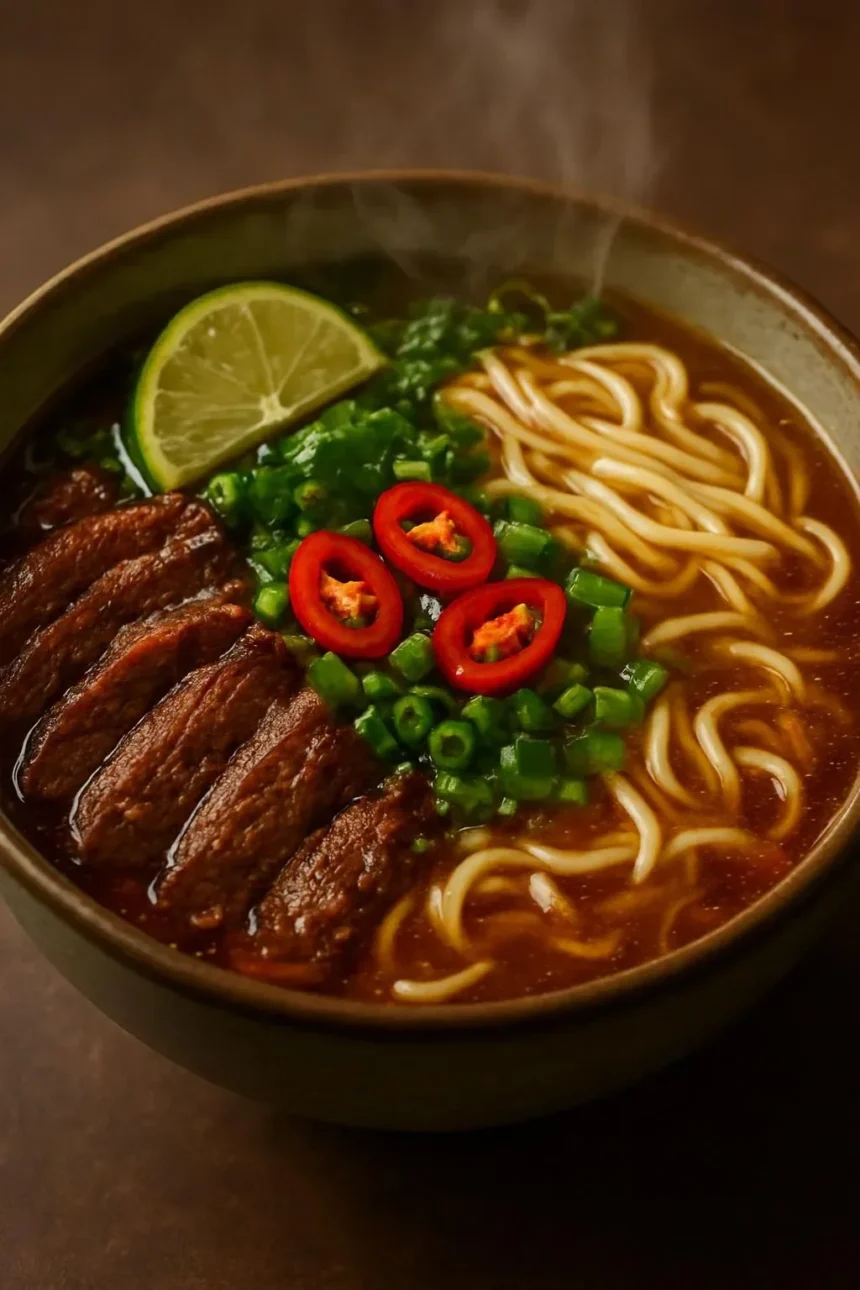 Bowl of beef and lemongrass noodle soup with mushrooms and fresh herbs